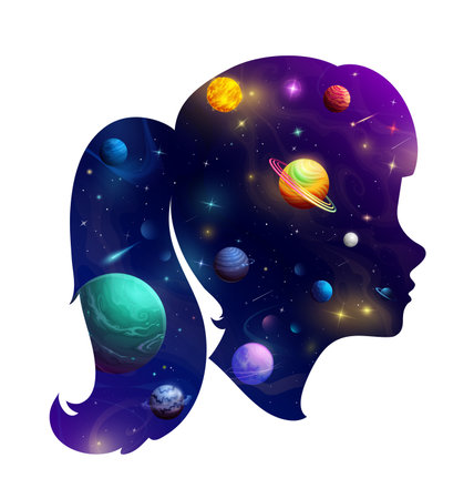 Girl head silhouette with cartoon galaxy space. Double exposition. Enchanting vector female face profile with mesmerizing beauty of cosmos with stars, planets, nebulae and comets within of her headのイラスト素材