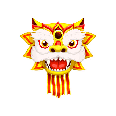 Cartoon lion, chinese new lunar year character. Vector fierce yet friendly animal head, symbol of strength and prosperity in China holiday celebrations. Personage representing good luck and fortuneのイラスト素材