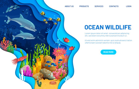 Landing page with paper cut underwater landscape. Vector web banner capturing the tranquility and beauty of the underwater world and ocean wildlife with coral reef, dolphins, fishes and seaweedsのイラスト素材