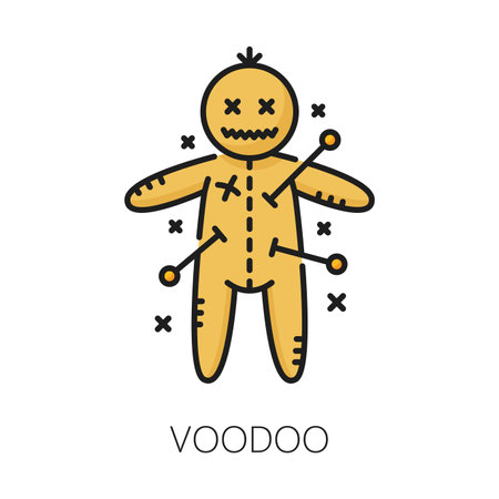 Voodoo witchcraft and magic icon. Mystical puppet toy with pins. Isolated vector african tribal sign symbolizing folklore, belief in spellcasting, representing power, protection, and the supernaturalのイラスト素材