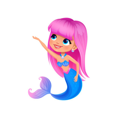 Cartoon mermaid character. Adorable cute underwater sea princess with pink flowing hair, blue shimmering tail, and friendly smile. Isolated vector personage ready to dive into magic adventure storyのイラスト素材