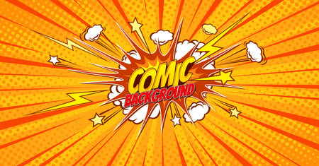 Orange and yellow comic pop art background with blast explosion and comics bubble. Cartoon vector popart poster in retro comics book style with burst explode cloud, light flashes, stars and raysのイラスト素材