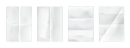 White folded paper sheets with crossing creases, old blank letter background crossing creases top view. Vector set of realistic pages with crumpled texture for scrapbooking, collages, or writingのイラスト素材