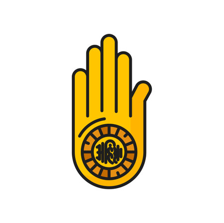 Hand with wheel symbol of Jain Vow of Ahimsa, Jain Prateek Chihna. Vector dharmachakra or wheel of dharma sign Hinduism, Jainism, Buddhism religion iconのイラスト素材