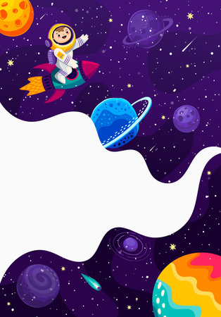 Space poster cartoon astronaut on rocket and starry galaxy landscape. Vector background with funny kid cosmonaut flying on starship explore outer cosmos with planets, asteroids, and empty smoke frameのイラスト素材