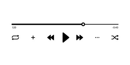 Music or video player interface vector template of media app ui. Digital player monochrome progress bar for music, video, radio, podcast or online streaming with media control and navigation buttonsのイラスト素材