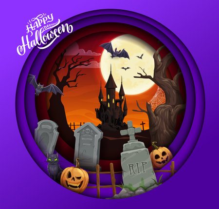 Halloween paper cut cartoon cemetery, castle and pumpkins. Vector background with 3d effect round papercut frame, haunted house, graveyard tombstones, trees, bats, moon and funny black cat at nightのイラスト素材