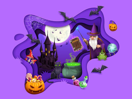 Halloween paper cut wizard or sorcerer cave with magic potion pot. Vector background with 3d effect wavy papercut frame. Cartoon wiz with spell book, pumpkin, trick or treat sweets, old night castleのイラスト素材
