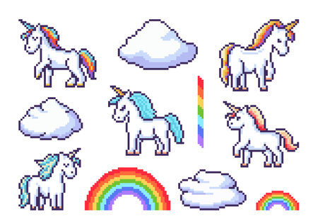 Fantasy pixel unicorns and rainbow, game stickers. Vector pixel art magic horse or pony animals, clouds and rainbow objects set. Retro 8 bit video game cute unicorn characters with colorful hornsのイラスト素材