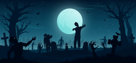 Halloween zombie horror graveyard. Scary dead apocalypse monsters, eerie undead creatures roam the desolate cemetery, among the tombstones, while full moon hangs heavy with a sense of lingering doomのイラスト素材