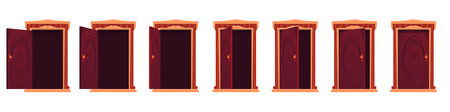 Cartoon open door motion, animation sprite sheet of vector house entrance. Frame sequences of opened and closed wooden door. Home, room or office entry with brown wood doorway and handle, game assetsのイラスト素材