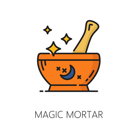 Magic mortar witchcraft and magic icon. Isolated vector linear sign. Enchanting fantasy grinder with mystical properties, symbolizing spellcasting and alchemy, power of transformation and creationのイラスト素材