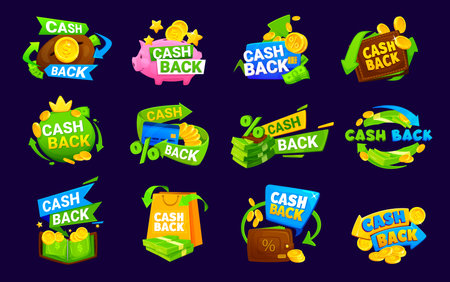 Cash back, coin and bonus, refund or rebate money icons vector set. Refund money after buy cartoon stickers, promotion banners of cashback labels with gold coins, arrows, wallets and credit cardsのイラスト素材