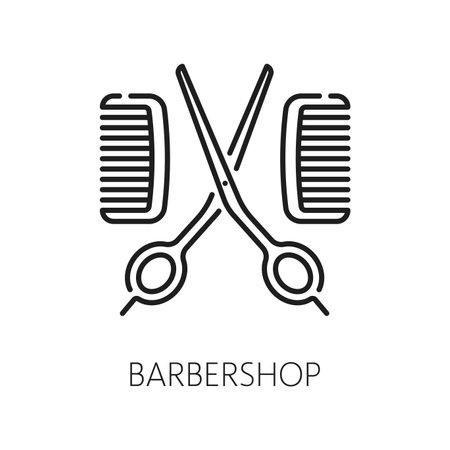 Barbershop icon, hotel service salon thin line. Vector barber scissors and hair brush outline sign, symbol for web and mobileのイラスト素材