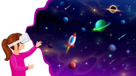 Cartoon girl kid in vr helmet dreaming about space. Vector child explore Universe, her imagination takes flight as she envisions herself as an astronaut, embarking on thrilling interstellar adventuresのイラスト素材