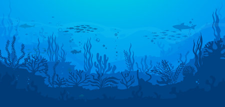 Cartoon underwater sea landscape silhouette with fish shoal and shark in seaweeds, vector background. Undersea or ocean coral reef silhouette landscape with dolphin in deep water of sea bottomのイラスト素材
