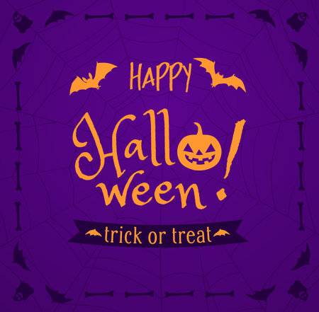 Halloween banner, vector trick or treat greeting card with Happy Halloween lettering, pumpkin lantern, spooks, bats, bones and spider web on purple background. Holiday party celebration spooky bannerのイラスト素材