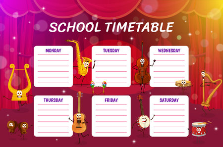 Education timetable schedule. Cartoon musical instrument characters on the stage. School classes vector timetable, lessons schedule with harp, saxophone, violin and guitar, banjo, drum cute personagesのイラスト素材
