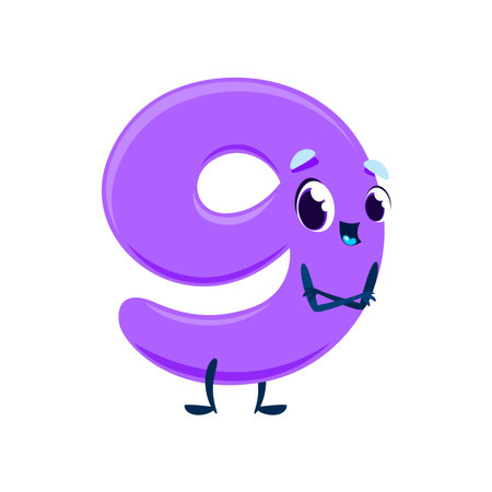 Cartoon cute funny number nine character with big eyes and smiling mouth, featuring bold lines and bright violet color. Digit personage for children educational materials and playful design projectsのイラスト素材