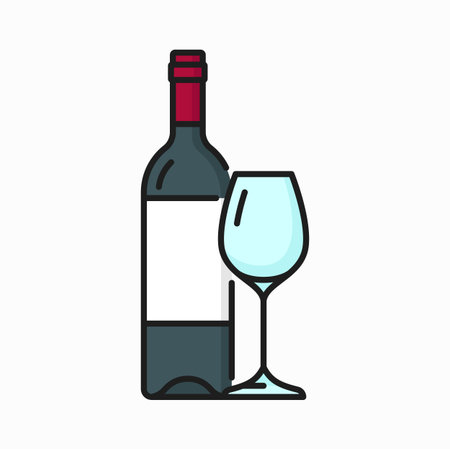 Bottle of red wine and glass isolated color line icon. Vector merlot semi sweet alcohol drink. Winery product, glass bottle, burgundy beverage and gobletのイラスト素材