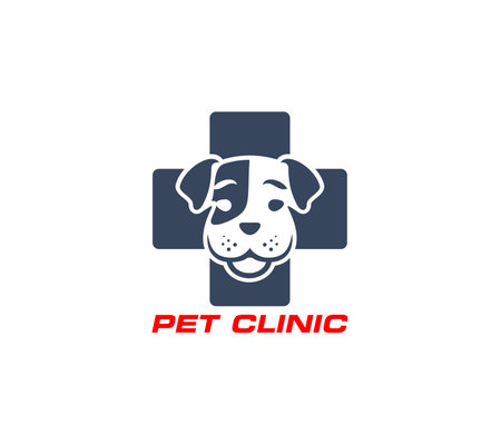 Pet clinic symbol, animal veterinary help emblem. Dog veterinarian hospital, veterinary clinic or medical service vector symbol. Pet vet doctor icon or emblem with puppy head and medicine crossのイラスト素材
