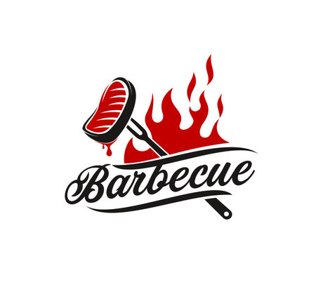 BBQ grill restaurant icon with stake on fork, red fire flame. BBQ party, beefsteak grill steakhouse or butcher shop vector sign. Meat roast, beef gourmet, barbeque cafe emblem or symbolのイラスト素材