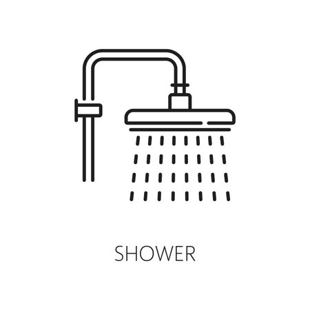 Overhead shower thin line icon. Concept of not economical water consumption and falling drip, vector hotel service signのイラスト素材