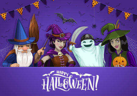 Halloween banner with holiday characters. Autumn holiday celebration poster, Halloween party background or vector banner with spooky pirate ghost, sorcerers or wizard, scary witches personagesのイラスト素材