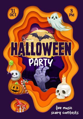 Halloween paper cut flyer. Double exposition vector holiday invitation poster with scary zombie hand, ghost, bat, sweets, skull and pumpkins. October horror night card with scary monsters and beastsのイラスト素材
