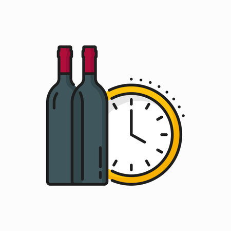 Clock and wine bottle. Time to relax and drink outline icon. Vector alcohol bottles, time to drink alcoholic beverage, sweet party drinksのイラスト素材