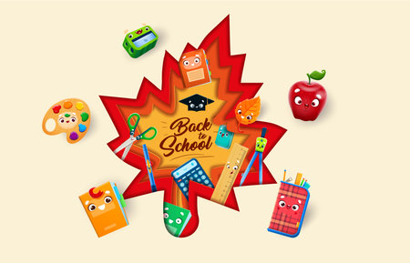Cartoon school education supply characters on paper cut autumn maple leaf. Vector pencil sharpener, paint palette, textbook, apple and case around of 3d frame with ruler, calculator, scissors insideのイラスト素材
