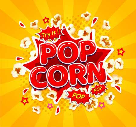 Cartoon movie pop corn burst. Popcorn snack explosion. Vector pop art promotional poster with explode on yellow half tone background with bright stars and rays. Meal ads for watching cinema filmのイラスト素材