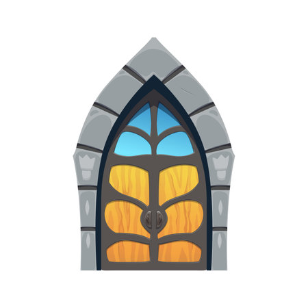 Cartoon Medieval castle gates with stone arch door of dungeon or palace, vector gateway. Medieval fortress citadel, castle or ancient house door gates with stone arch portal and forged iron grateのイラスト素材