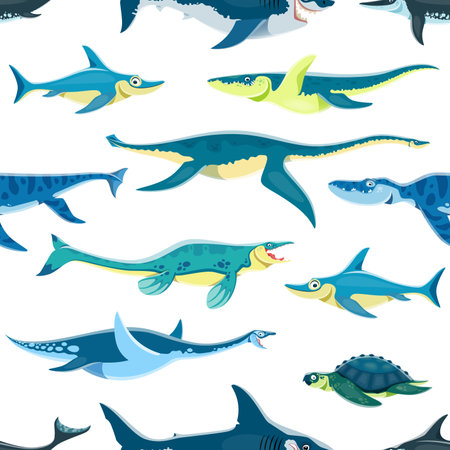 Cartoon aquatic dinosaur characters seamless pattern. Wrapping paper, fabric print vector pattern with Ophthalmosaurus, Kronosaurus, Plesiosaurus and Tylosaurus, Liopleurodon, Elasmosaurus dinosaursのイラスト素材
