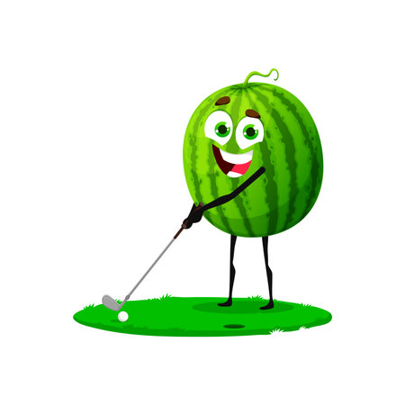 Cartoon watermelon cute character playing golf. Juicy watermelon cheerful mascot with golf club on green course, summer food comical vector personage or ripe fruit cute character on summer vacationのイラスト素材