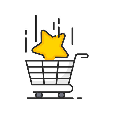 Shopping cart with bonus star icon, vector loyalty incentive benefits, reward points, prize or gift. Shopping bonus system of customer loyalty program color line symbol with gold star in trolleyのイラスト素材