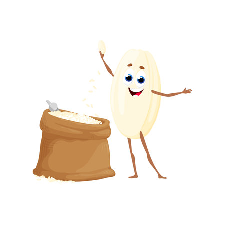 Rice grain character. Keto diet or healthy nutrition cute personage, natural and organic rice grains in bag with scoop isolated vector comical mascot or cheerful personageのイラスト素材