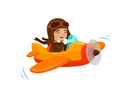 Kid flying on plane, cartoon pilot character on airplane or boy aviator, isolated vector. Child fly on plane or travel in toy aircraft with propeller in sky with aviator goggles and happy smilingのイラスト素材