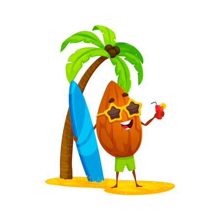 Cartoon almond nut character enjoying a sunny day at the beach, riding a surfboard and sipping on a refreshing cocktail. Isolated vector playful surfer kernel personage standing on sand with a boardのイラスト素材
