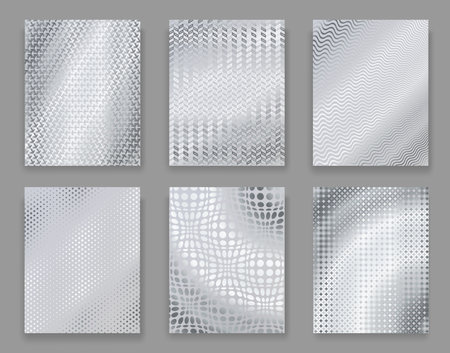 Silver foil background posters, shine geometric pattern. Vector paper pieces with shimmering reflective surface and luxurious metallic finish. Isolated sheets with captivating and eye-catching effectのイラスト素材