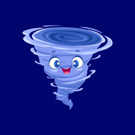 Cartoon cute tornado weather character. Isolated vector storm, whirlwind twister, cyclone personage. Funnel with funny smiling face. Weather forecast element, hurricane vortex, swirl or twist whirlのイラスト素材