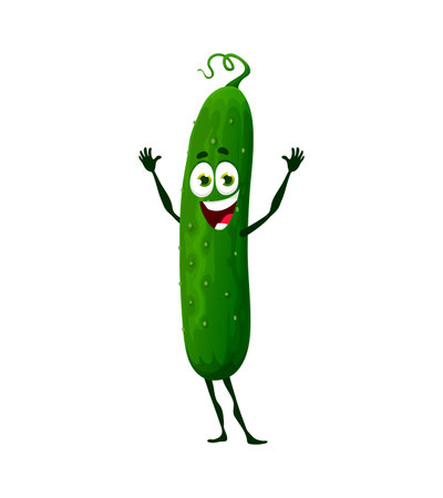 Cartoon cucumber keto diet food character. Isolated vector cute fresh vegetable personage representing a keto food option, promote fun and healthy way to incorporate veggies into a low-carb lifestyleのイラスト素材