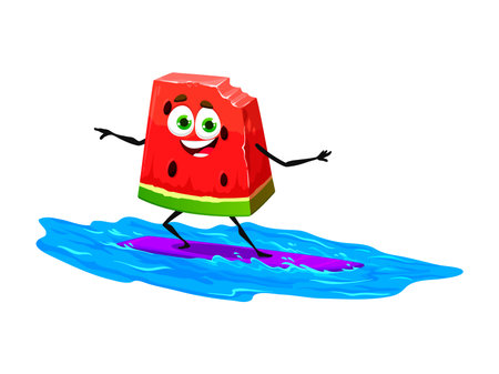 Cartoon watermelon character surfing on beach. Juicy fruit childish character, ripe watermelon isolated vector funny personage or summer vacation or sweet food comical mascot on surfboardのイラスト素材