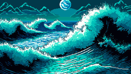 Sea storm waves, AI generated 8bit pixel game scene landscape,  stormy ocean background. Cartoon waves and water ripples of hurricane wind for arcade game seascape level in 8 bit pixelの素材