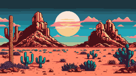 AI generated American or Mexican 8bit pixel art desert landscape with mountains and cactuses, game level  background. Western canyon valley and mountains with sand and cactus in Arizona desertの素材