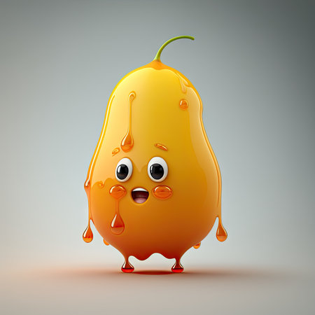 AI generated tropical jelly apricot fruit funny and surprised character. Summer juicy fruit funny personage with dripping sweet juice, ripe and fresh apricot glossy abstract childish 3d mascotの素材