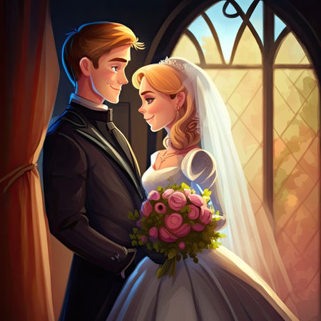 Couple on wedding ceremony, happy spouse marriage ai generated illustration. Portrait of romantic couple on wedding ceremony, loving man and woman in bridal gown standing near retro windowの素材