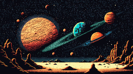 Galaxy space planets landscape. Ai generated 8bit pixel game scene. Retro-inspired virtual world with pixelated nostalgic charm. Alien planet surface with far Universe starscape, 2d gaming levelの素材