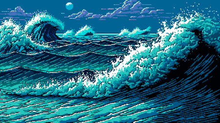 Blue sea waves landscape. AI generated 8bit pixel game scene. 16 bit platform console backdrop, retro game  level design asset or 8bit arcade background with ocean storm waves or tsunamiの素材