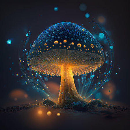 Ai generated psilocybe mushroom growing spores, fantasy plant in fairy tale forest. Magic psychedelic fungi cartoon mushroom, psilocybin image with neon mystery lightの素材